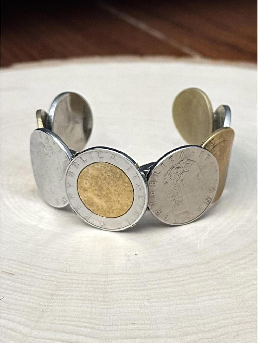 MILOR Italy Stainless Steel & 14K Bezel Italian Lira Coin Hinged Cuff Bracelet